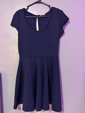 Banana Lemon Navy Blue Textured Skater Dress with Back Cutout